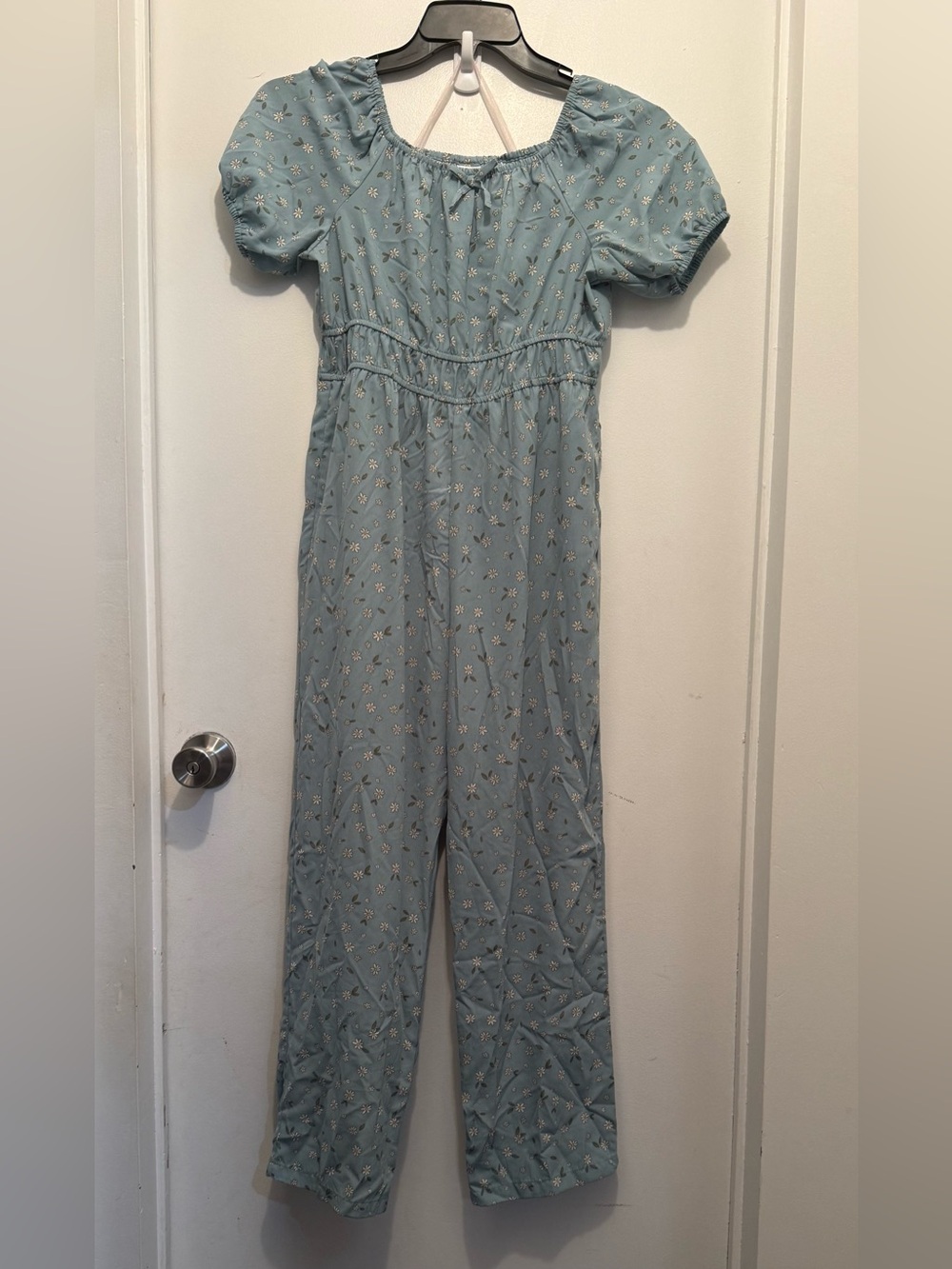 Girls Blue Floral Puff-Sleeve Jumpsuit